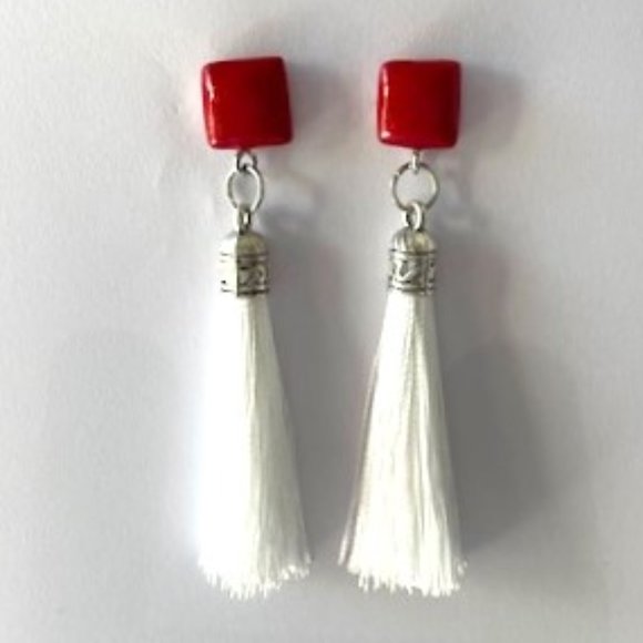Red and White Tassel Earrings - Handmade with Paper Mache - Picture 1 of 3